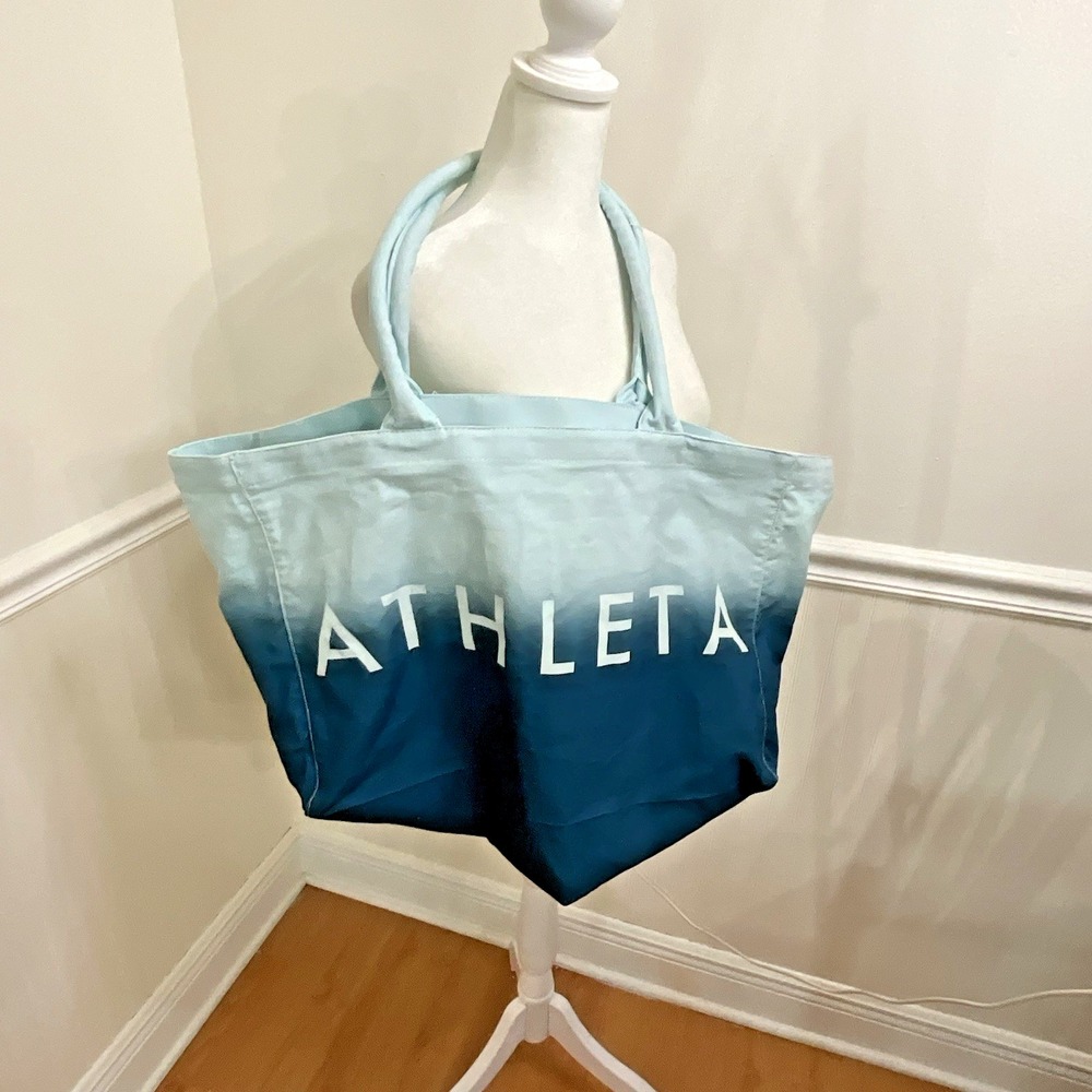 Athleta Blue Ombre Large Canvas Tote Bag Beach Travel Gym Athleisure 19x6x12"